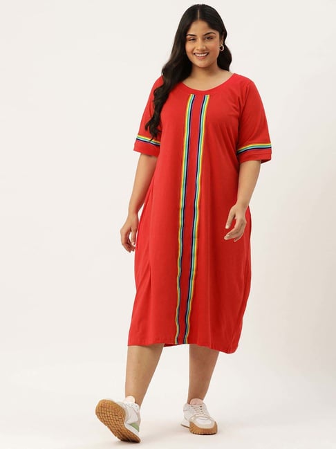 theRebelinme Red Relaxed Fit Striped Plus Size Dress
