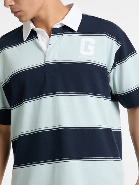 Guess Jeans Rugby Azure Laguna Blue Regular Fit Striped Polo T-Shirt