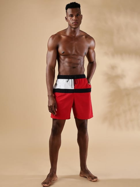 TOMMY HILFIGER Red Nylon Regular Fit Colour-Block Shorts