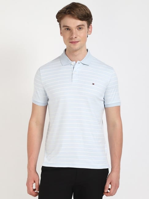 TOMMY HILFIGER Blue 100% Cotton Regular Fit Stripes Polo T-Shirt - Main Image