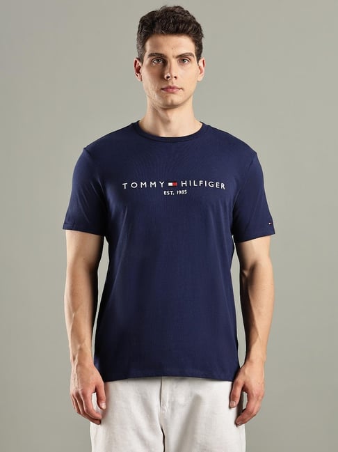 TOMMY HILFIGER Blue Cotton Regular Fit Logo T-Shirt