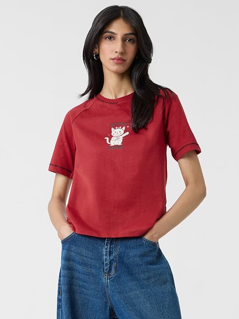 The Souled Store Maroon Cotton Relaxed Fit Printed T-Shirt-picture-10