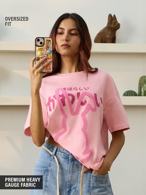 The Souled Store Pink Cotton Loose Fit Embroidered T-Shirt-picture-29