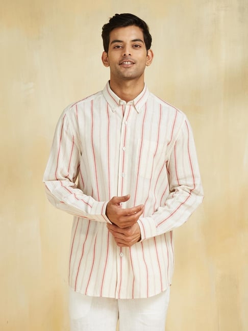 Fabindia White & Red Cotton Comfort Fit Striped Shirt-picture-14