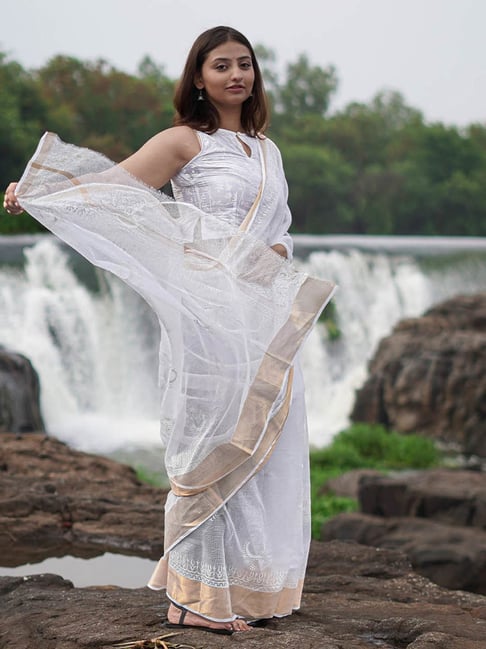 Chidiyaa Ivory Dewbone Kota Doria Block Printed Saree