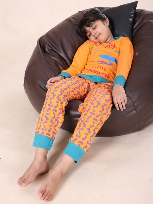 Kiddopanti Girls Orange Cotton Printed Night Suit