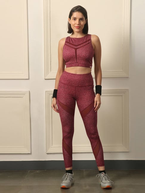 Soie Maroon Regular Fit Sport Bra & Tights Set