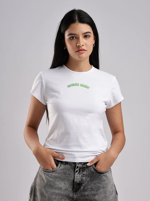 CALVIN KLEIN JEANS Brilliant White Logo Slim Fit Cotton T-Shirt