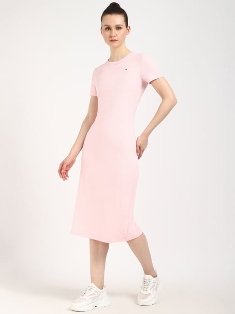 TOMMY HILFIGER Precious Pink Cotton Round Neck Bodycon Dress