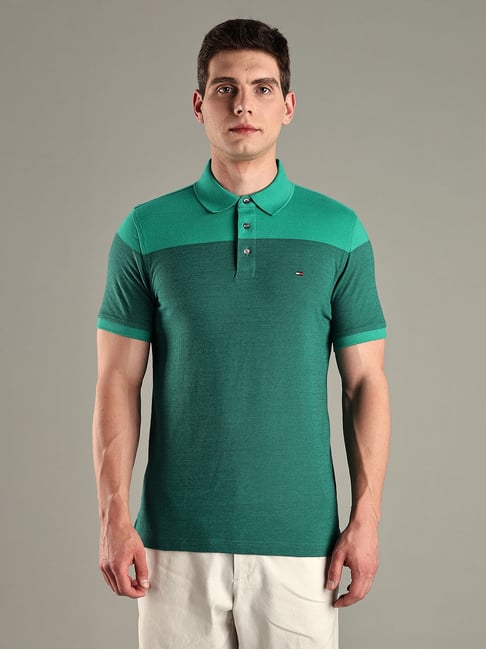 TOMMY HILFIGER Green Regular Fit Cotton Color Block Polo T-Shirt