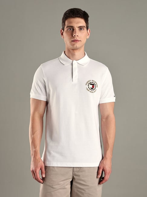 TOMMY HILFIGER White Embroidered Logo Regular Fit Cotton Polo