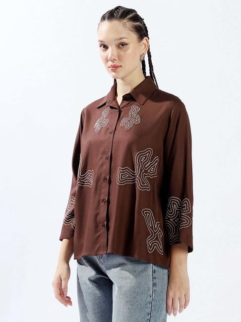 High Star Brown Cotton Oversized Embroidered Shirt-picture-20