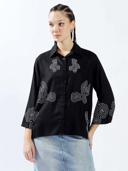 High Star Black Cotton Oversized Embroidered Shirt-picture-27