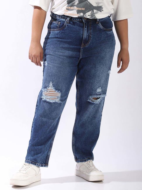 High Star Blue Cotton Mom Fit Distressed Jeans-picture-28