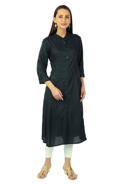 Amukti Blue Rayon Solid Three-Quarter Sleeves Kurta-picture-25