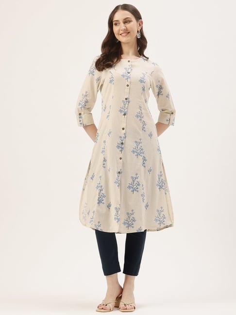 Amukti Beige Cotton Printed Three-Quarter Sleeves Kurta-picture-21