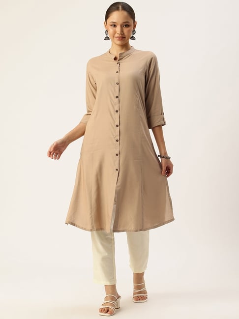 Amukti Khaki Rayon Solid Three-Quarter Sleeves Kurta-picture-47