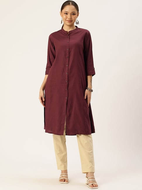 Amukti Maroon Rayon Solid Three-Quarter Sleeves Kurta-picture-25