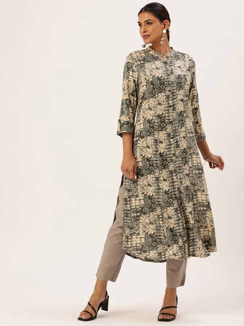 Amukti Olive Rayon Graphic Printed Three-Quarter Sleeves Kurta-picture-48
