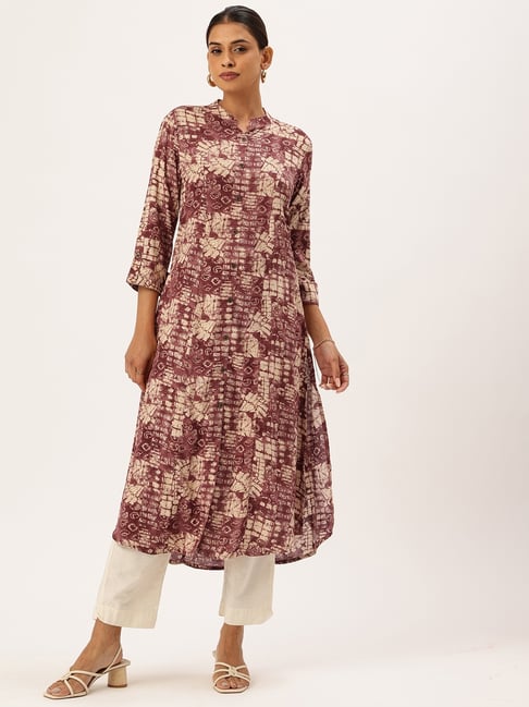 Amukti Wine Rayon Graphic Printed Three-Quarter Sleeves Kurta-picture-11