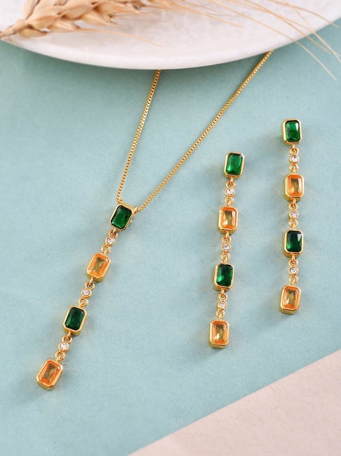 Buy Voylla Green and Yellow Pendant Set with Dangler Earrings