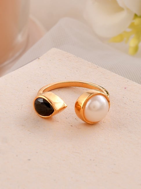 Voylla Mother's Day Open Half Pearl With Black Pear Shaped Cz Ring