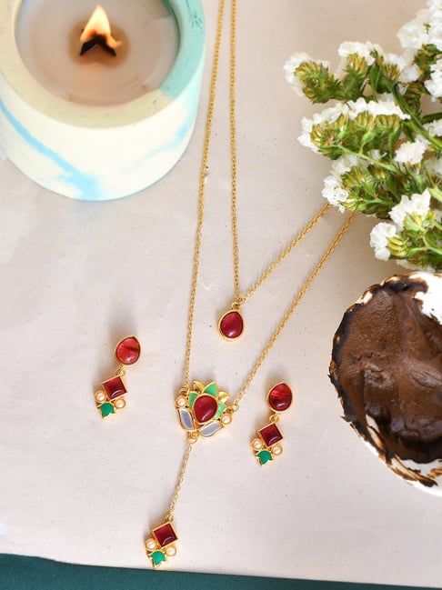 Voylla Forever More Pink Stones Enamelled Layered Necklace Jewellery Set