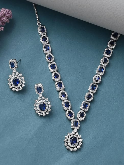 Voylla Sparkling Elegance Royal Blue and White CZ Brass Silver Plated  Jewellery Set
