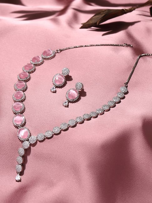 Voylla CZ Silver Plated Pearl Brass Necklace Set with Pink Stone