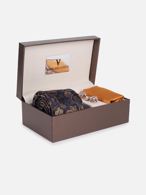 Van Heusen Navy Embroidered Tie with Pocket Square & Cufflink-picture-12