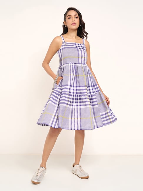 Akkriti By Pantaloons Purple Cotton Regular Fit Checks Dress-picture-21
