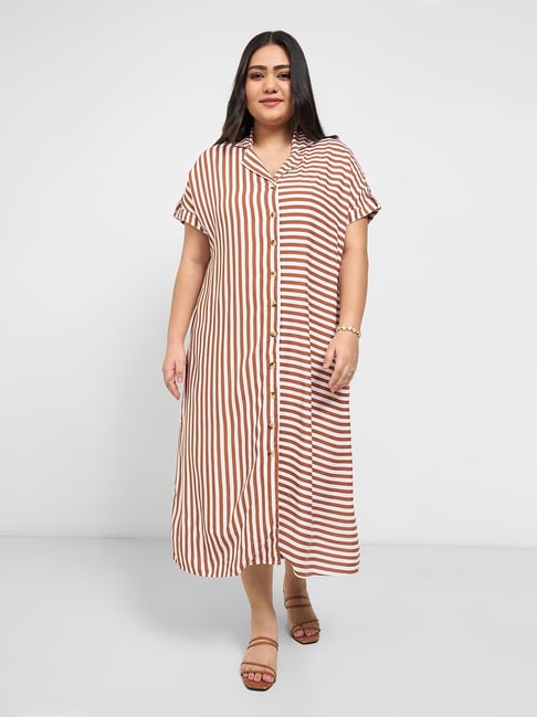 Honey Curvytude By Pantaloons Brown White Comfort Fit Striped Dress