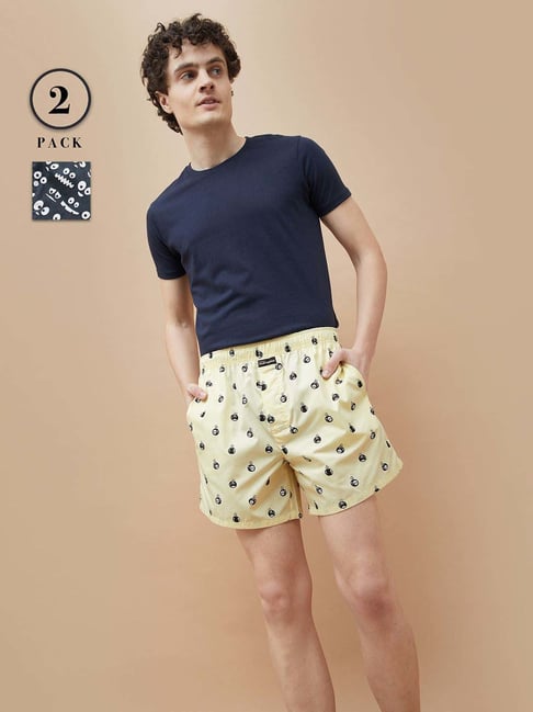 Fame Forever By Lifestyle Black & Yellow Cotton Regular Fit Printed Boxers - Pack Of 2