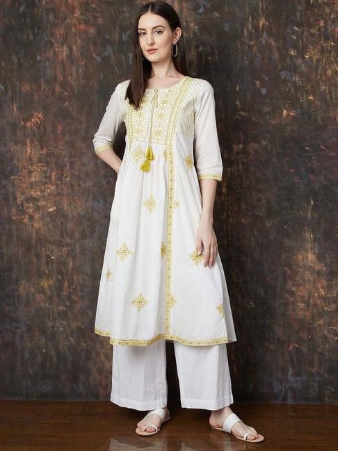 Melange By Lifestyle Off White Cotton Regular Fit Embroidered Kurta-picture-39