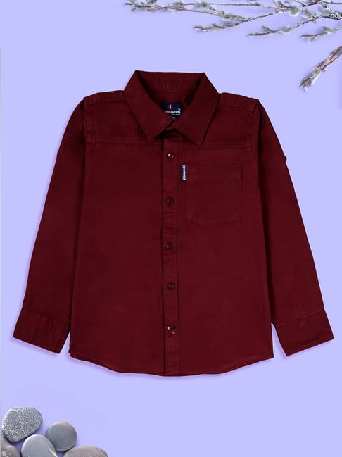 Kiddopanti Boys Maroon Cotton Regular Fit Shirt