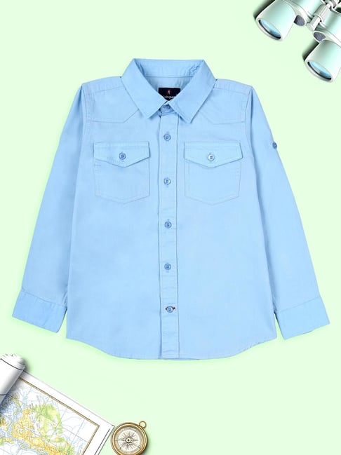 Kiddopanti Boys Pastel Blue Cotton Regular Fit Shirt