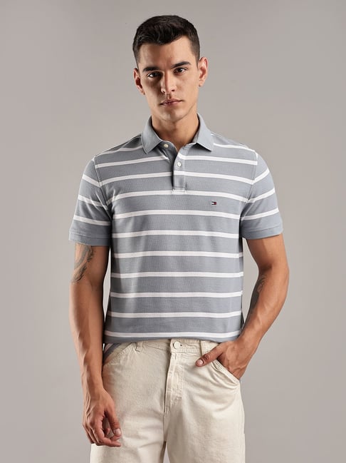 TOMMY HILFIGER Grey Striped Regular Fit Cotton Polo T-Shirt-picture-10