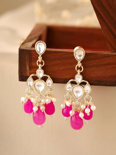Priyaasi Pink Gold Plated Kundan Stone Studded & Beaded Drop Earring-picture-11