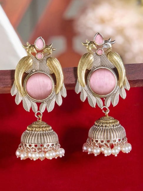 Priyaasi Pink Studded Oxidised Gold Plated Contemporary Jhumki Earring-picture-46