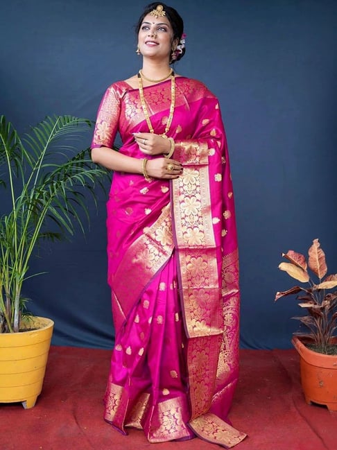 Anjaneya Sarees Pink Banarasi Silk Woven Design Saree with Unstitched Blouse-picture-28