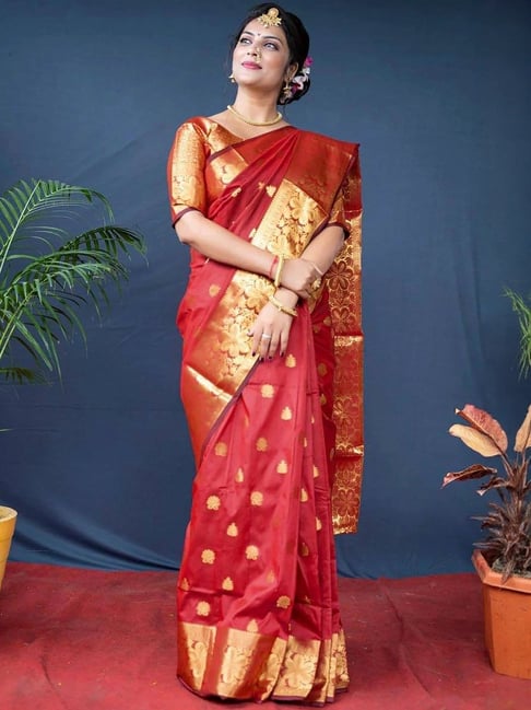 Anjaneya Sarees Red Banarasi Silk Woven Design Saree with Unstitched Blouse-picture-18
