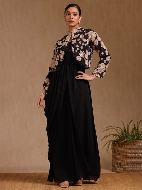 Ethnic Wear Black Maxi Dress With Jacket Soch Black Viscose