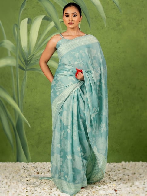 MIRCHI FASHION Dusty Teal Floral Saree with Blouse Piece-picture-13
