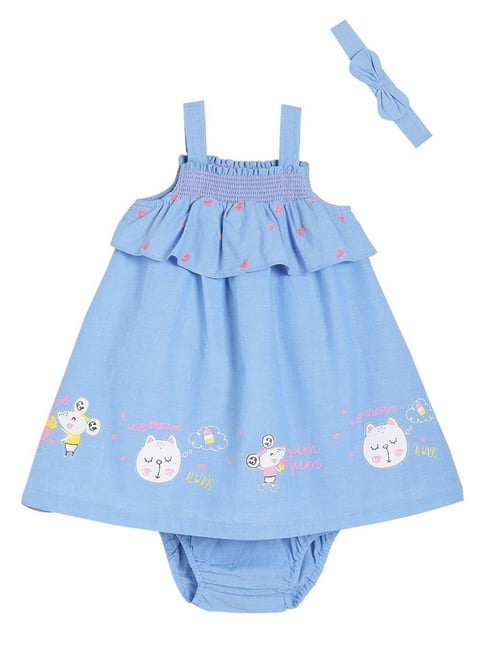 Miniklub Girls Blue Woven Printed Regular Fit Dress