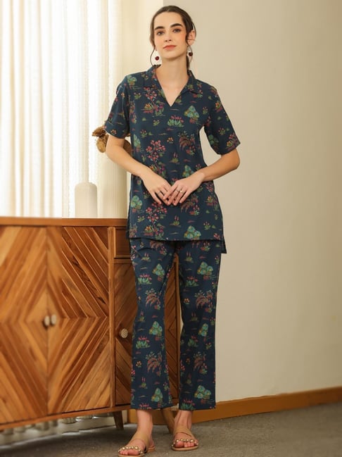 SAY Navy Blue Floral Printed Night Suit-picture-32