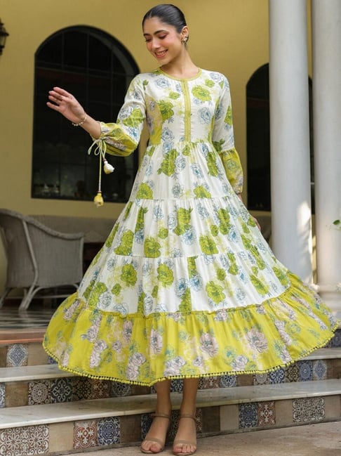 Trendy Floral Long Frocks Savi Yellow Cotton Floral Maxi Dress