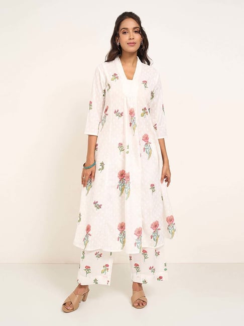 Rangmanch By Pantaloons Off White Cotton Regular Fit Floral Print Kurta-picture-44
