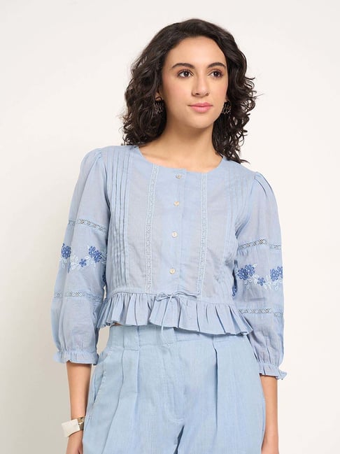 Akkriti By Pantaloons Blue Cotton Relaxed Fit Embroidered Top-picture-30