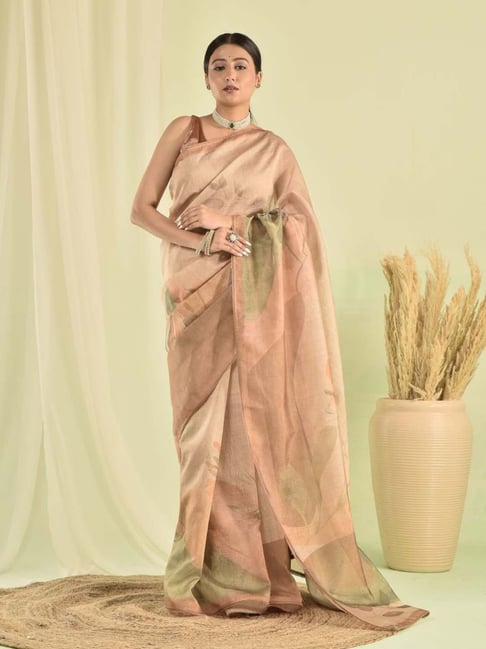 Sutra Attire Brown Floral Printed Crinkle Tissue Saree-picture-11