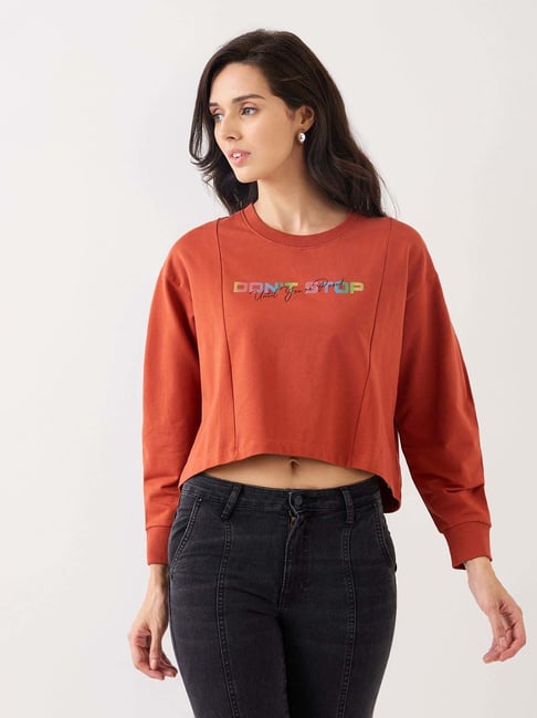 Spykar Brown Cotton Boxy Fit Printed Sweatshirt